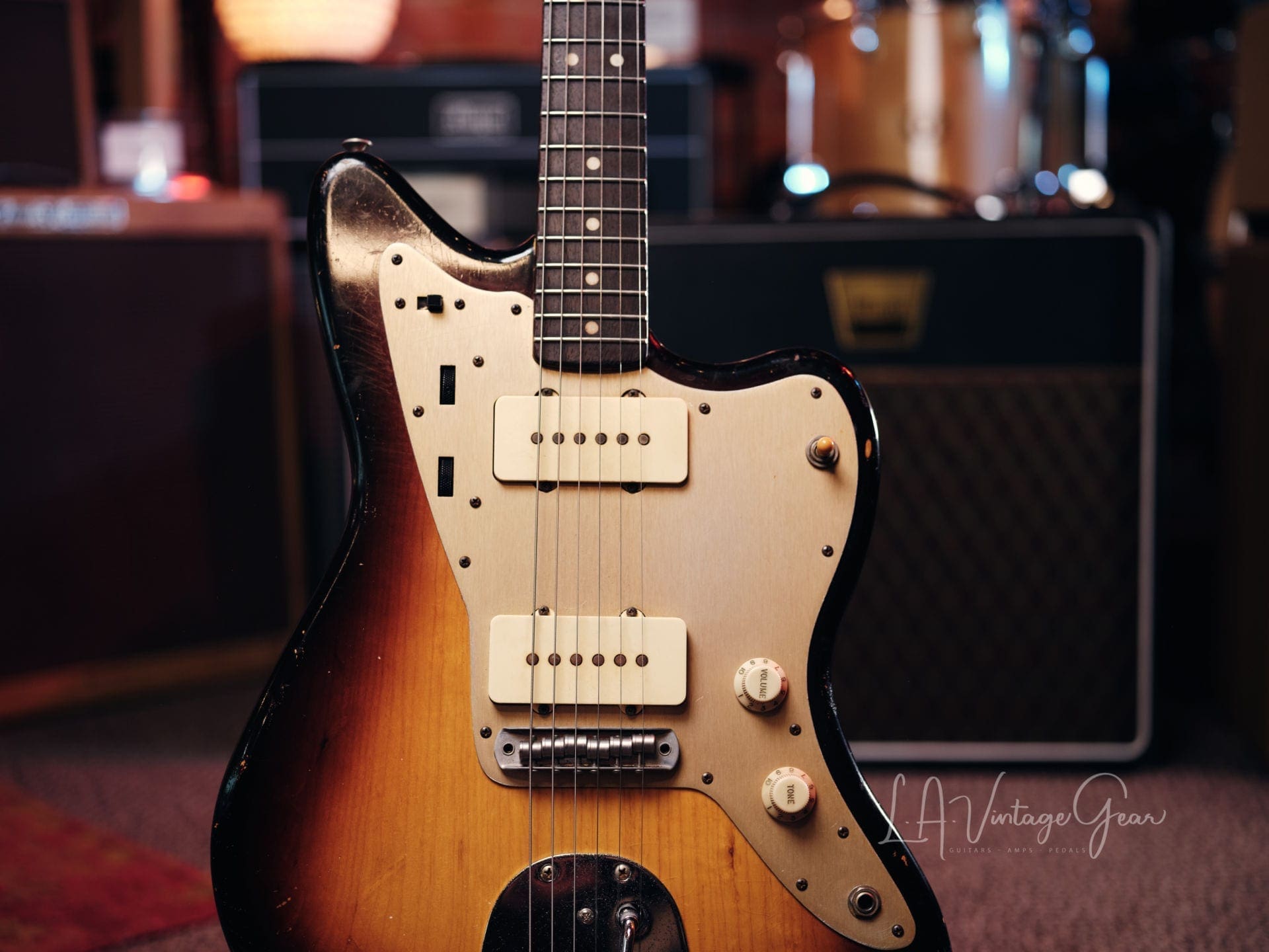Danocaster Offset Electric Guitar - Anodized Gold Pickguard & Sunburst Finish - Image 2