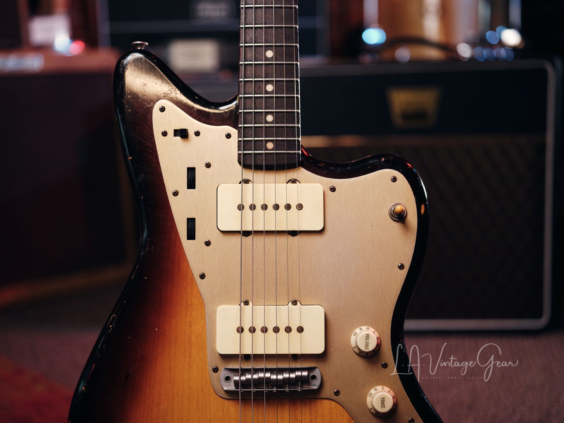 Danocaster Offset Electric Guitar - Anodized Gold Pickguard & Sunburst Finish - Image 3