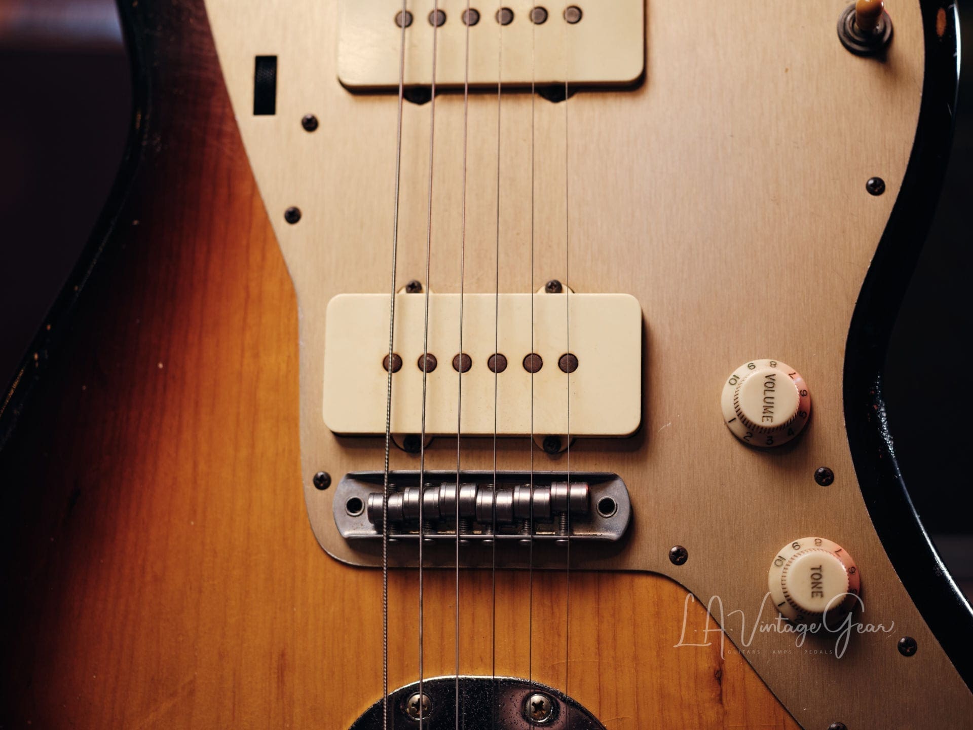 Danocaster Offset Electric Guitar - Anodized Gold Pickguard & Sunburst Finish - Image 5