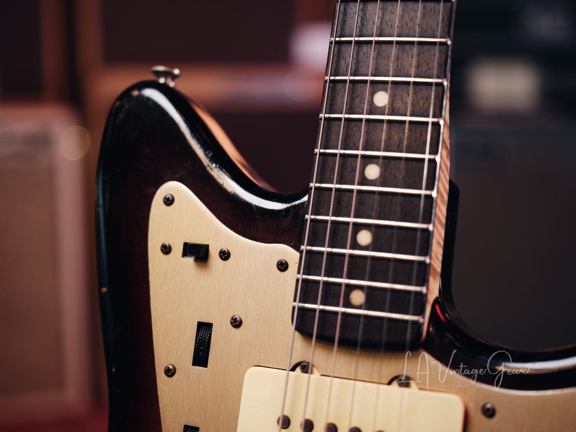 Danocaster Offset Electric Guitar - Anodized Gold Pickguard & Sunburst Finish - Image 6