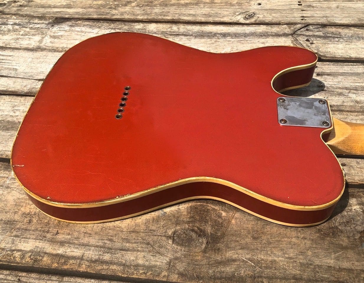 Danocaster Single Cut Double Bound T-Style Electric Guitar in Faded Candy Apple Red - With Foilbucker Neck Pickup! - Image 6