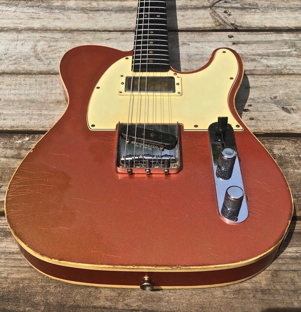 Danocaster Single Cut Double Bound T-Style Electric Guitar in Faded Candy Apple Red - With Foilbucker Neck Pickup! - Image 4