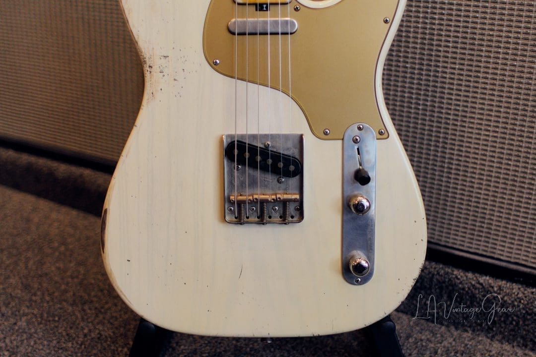 Shabat Lion T-Style Relic'd Electric Guitar in Vintage White with Gold Guard - Swamp Ash Body & Lollar Pickups! - Image 3