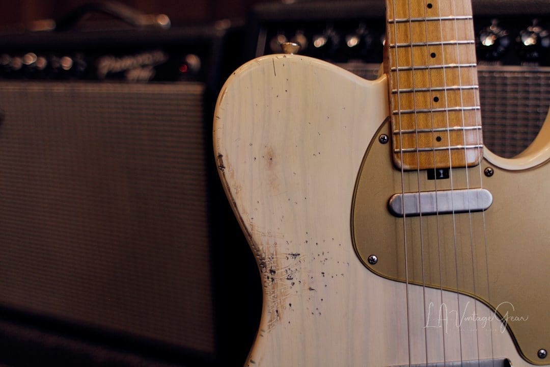 Shabat Lion T-Style Relic'd Electric Guitar in Vintage White with Gold Guard - Swamp Ash Body & Lollar Pickups! - Image 5