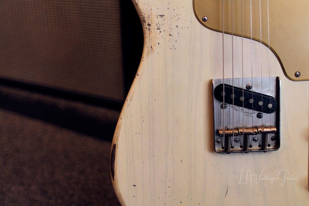 Shabat Lion T-Style Relic'd Electric Guitar in Vintage White with Gold Guard - Swamp Ash Body & Lollar Pickups! - Image 6