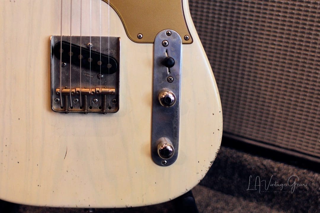 Shabat Lion T-Style Relic'd Electric Guitar in Vintage White with Gold Guard - Swamp Ash Body & Lollar Pickups! - Image 7