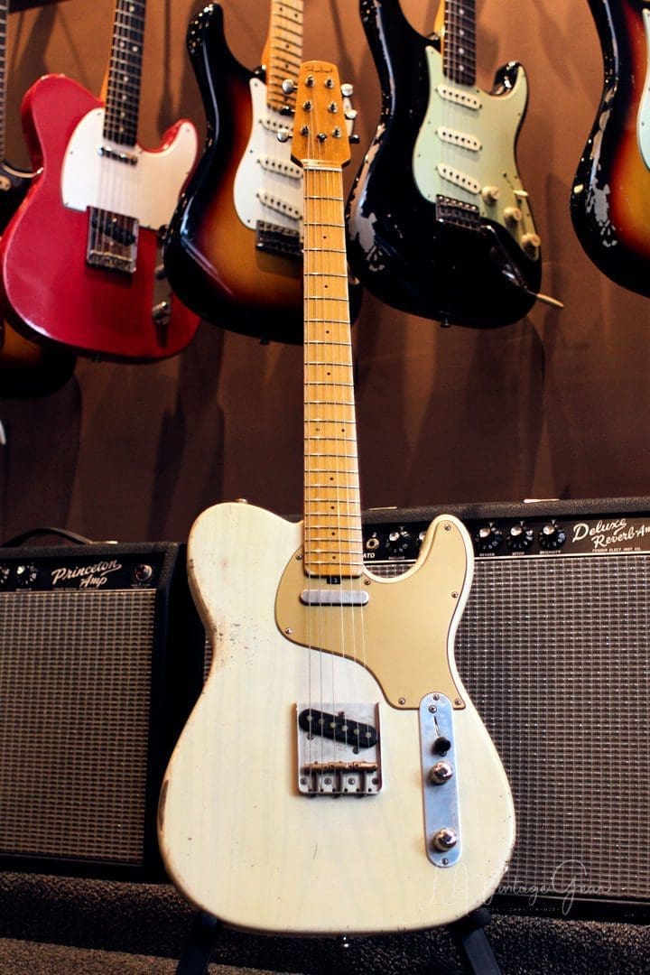 Shabat Lion T-Style Relic'd Electric Guitar in Vintage White with Gold Guard - Swamp Ash Body & Lollar Pickups!