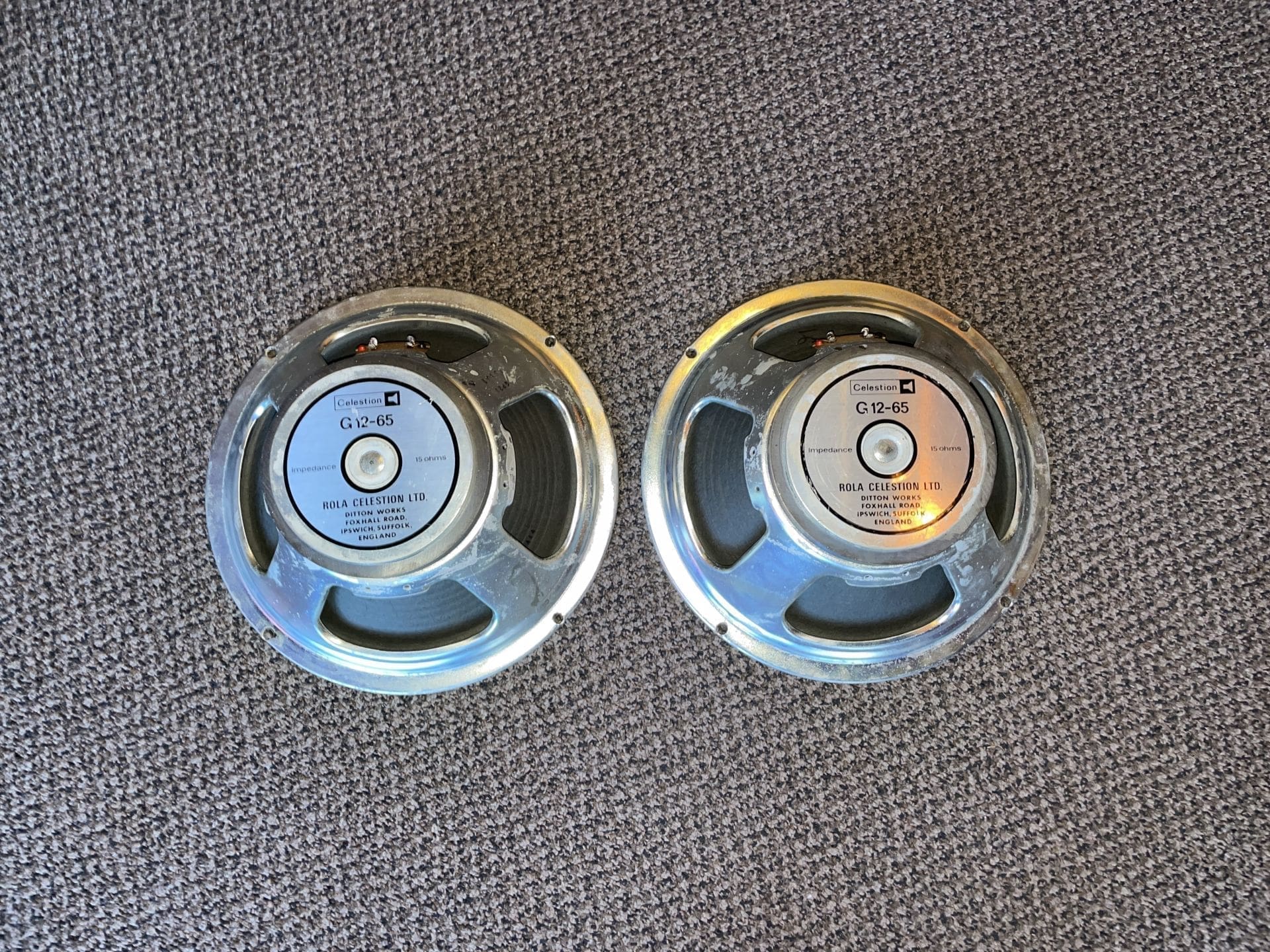 PAIR - 1980s Rola Celestion G12-65 T3054 Speaker 12" / 15 ohm