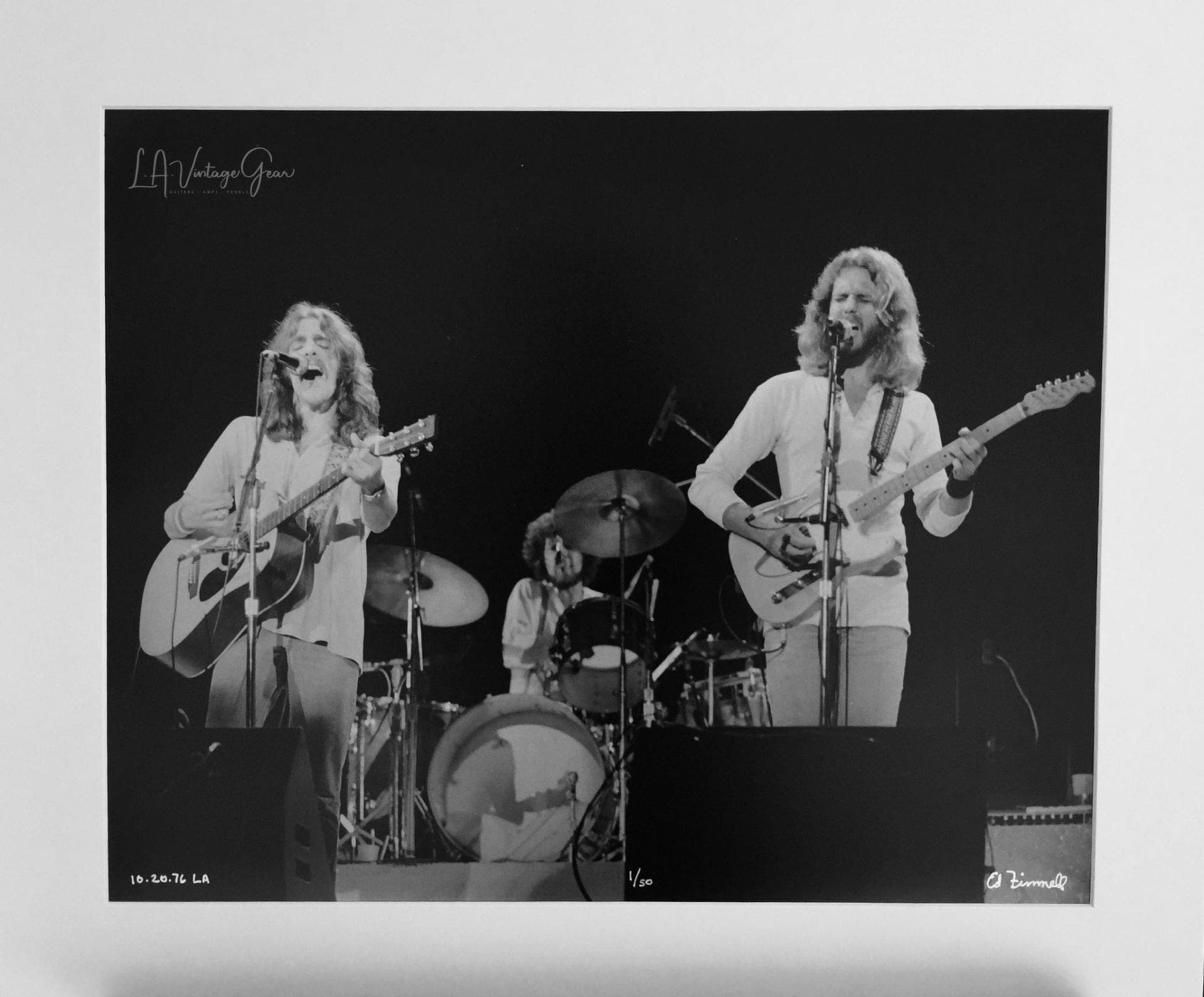 Glen Frey, Don Henley, Don Felder The Eagles Live at The L.A. Forum 1976 - Authentic Concert Photo by Ed Finnell - B&W - White Matte 20"x24"