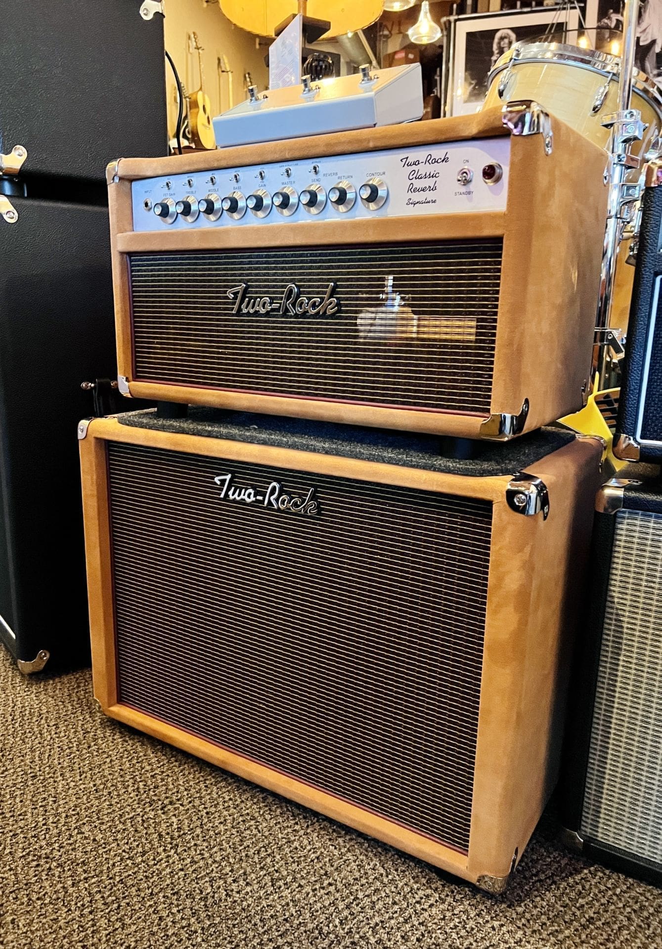 Two Rock Classic Reverb Signature 50 Watt (Tube Rectified) Head and 1x12 Open Back Cab - Golden Brown Suede and Oxblood Stripe - Brand New!
