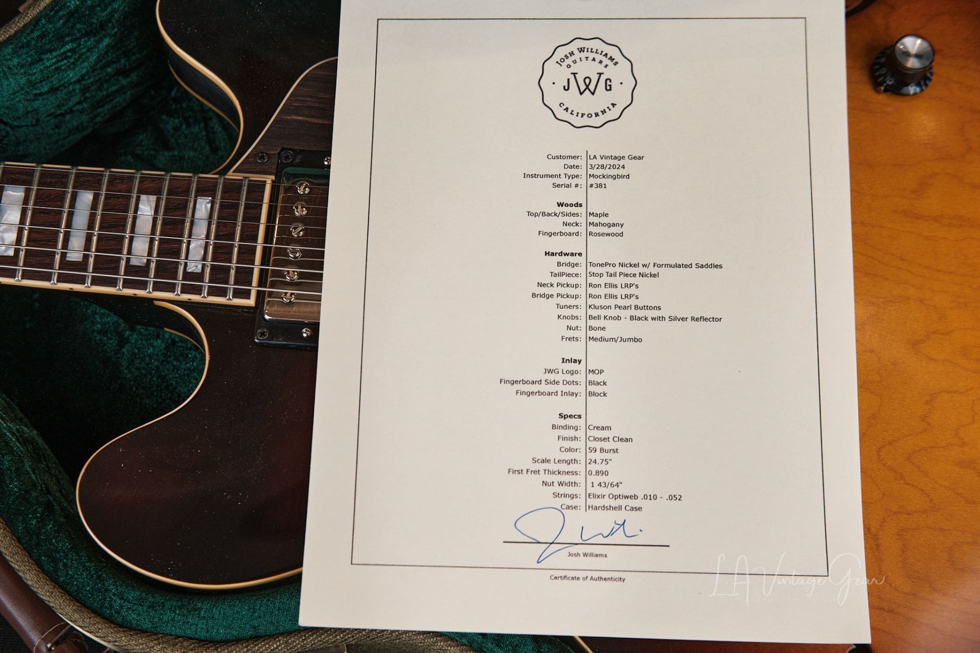 Josh Williams ‘Mockingbird’ JWG381 Semi-Hollowbody Electric Guitar- 59 Burst Finish & Ron Ellis Pickups! - Image 14