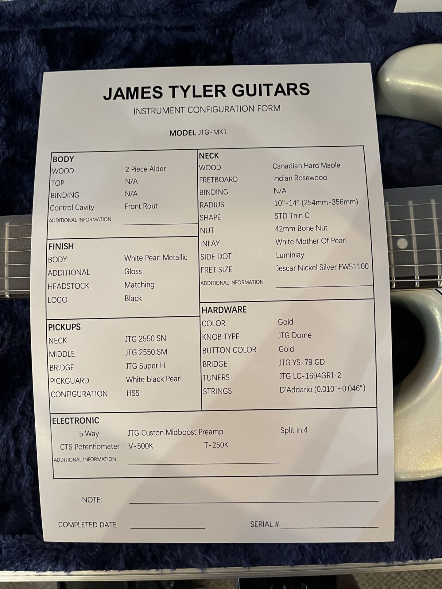 James Tyler Guitars JTG-Mk1 - White Pearl Metallic Finish! 1 of 2! - Image 11