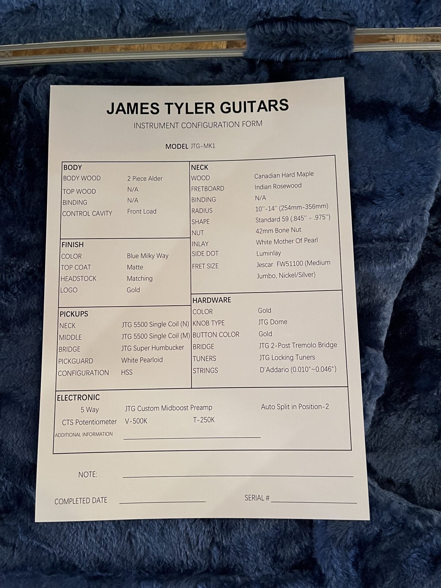James Tyler Guitars JTG-Mk1 - Blue Milky Way Finish! - Image 11